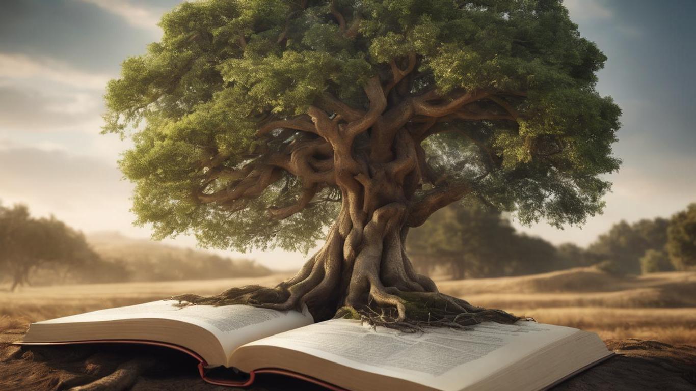 Uma árvore robusta, com raízes profundas, personifica a mensagem enraizada do Eclesiastes, cujas palavras são um alicerce sólido para reflexões profundas.