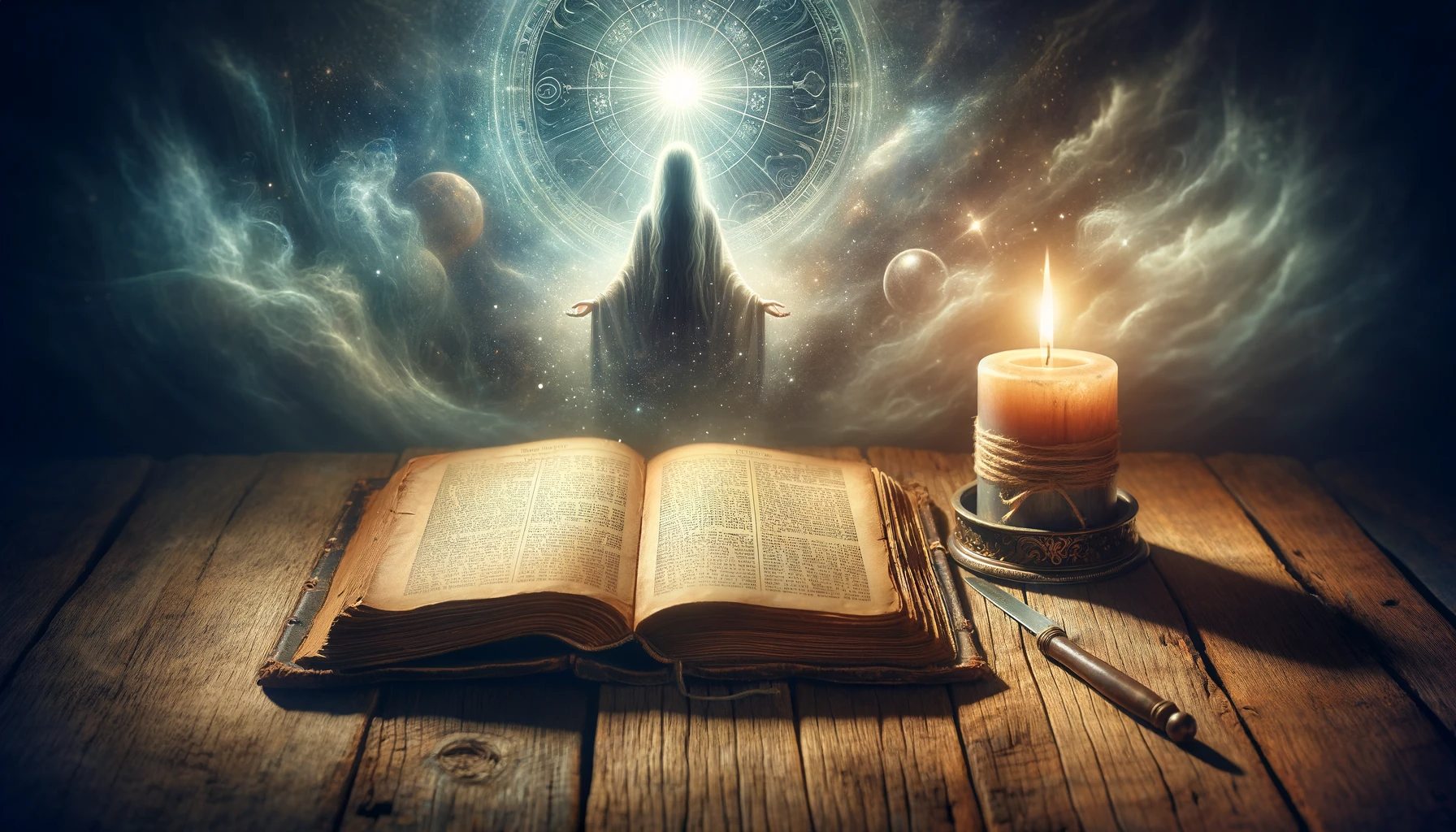 Imagem de um livro antigo aberto sobre mesa de madeira com vela acesa ao lado, simbolizando a 'Prece de Cáritas' e a espiritualidade na Doutrina Espírita.