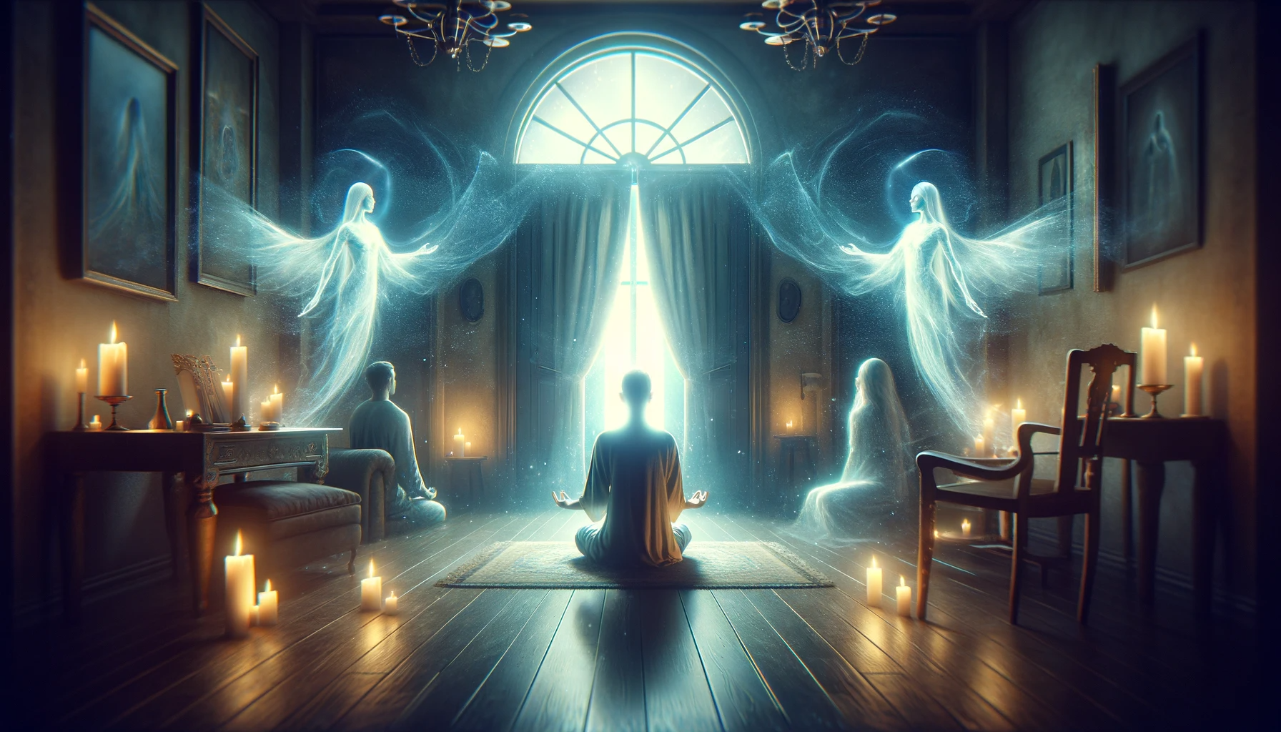 Médium em prece, cercado por luz etérea, representando a conexão espiritual e mediúnica na Doutrina Espírita.