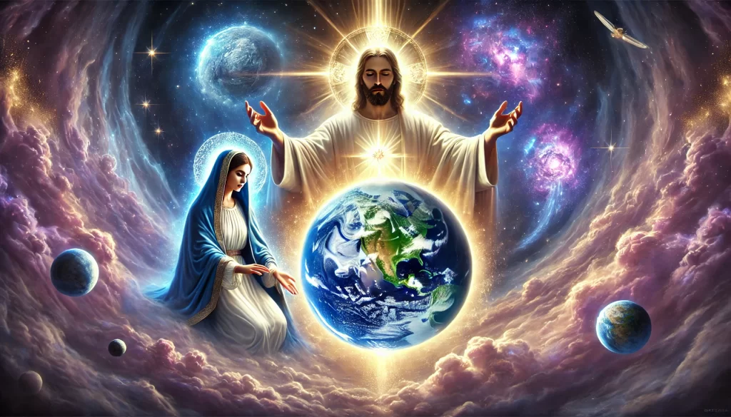 Imagem celestial da Terra flutuando no espaço, envolta em luz dourada com Jesus e Maria irradiando proteção espiritual.