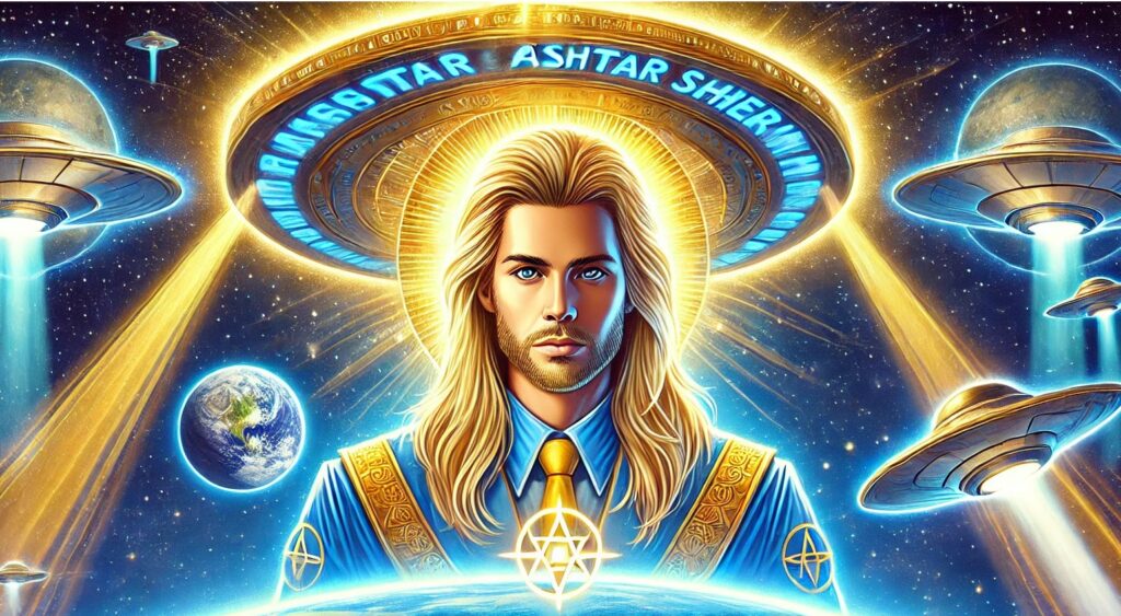 Ilustração espiritual e cósmica de Ashtar Sheran, figura extraterrestre com cabelos lisos e dourados, em frente à Terra, com naves espaciais ao fundo.