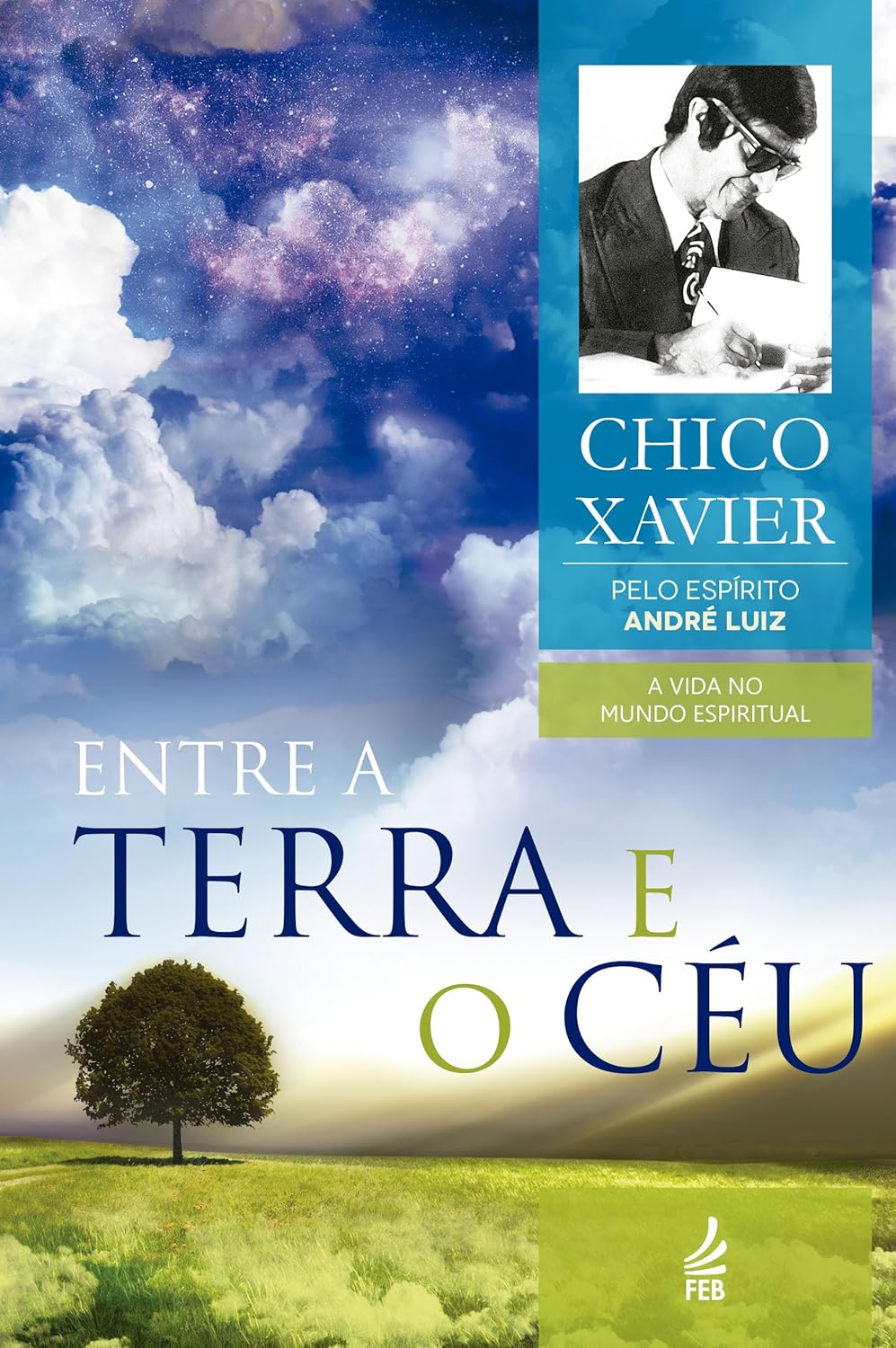 Capa do livro Entre a Terra e o Céu, de Chico Xavier, psicografado pelo espírito André Luiz, com uma paisagem de céu estrelado e uma árvore solitária em um campo verde.