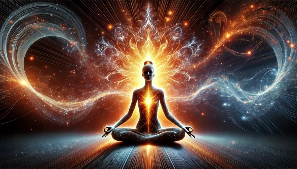 Mulher meditando com energia vibracional irradiando, simbolizando cocriação quântica e transformação da realidade.