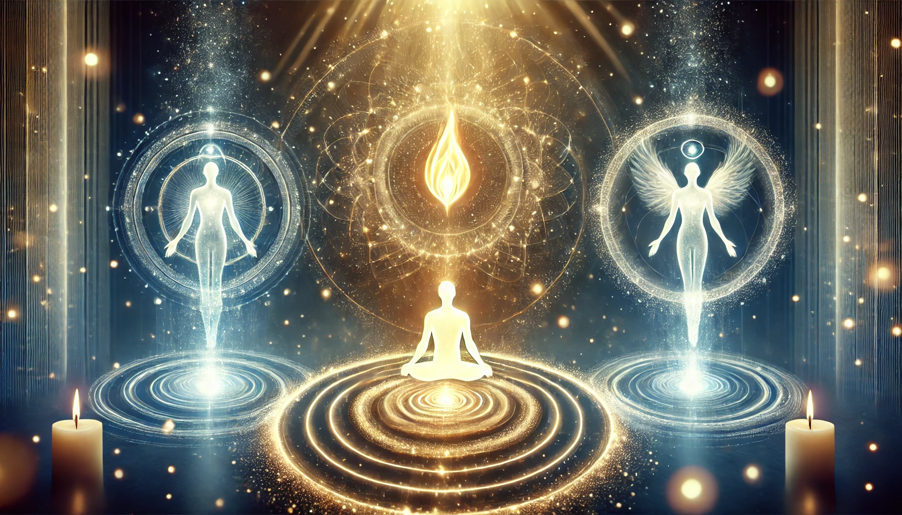 simbolizando o espírito. Geometria espiritual em círculos concêntricos ao fundo, representando conexão com mentores e anjo-guardião. Tons azul celeste, branco perolado e dourado predominam, com partículas cósmicas para simbolizar transcendência.