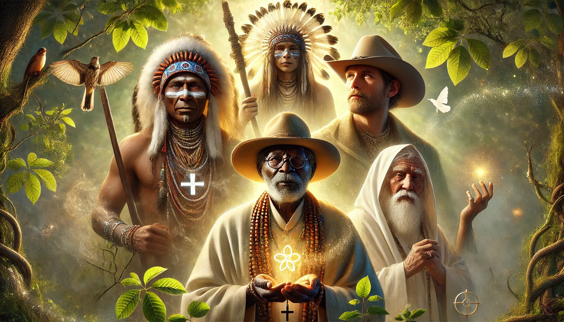 Imagem espiritual widescreen representando figuras negras da Umbanda, incluindo um xamã, um ancião com chapéu de palha, um vaqueiro e um sábio em roupas brancas com terço, em um cenário natural iluminado com folhas verdes e luz dourada celestial, simbolizando conexão espiritual e harmonia.
