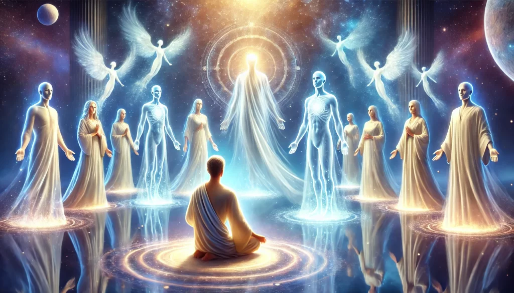 Médiuns vestidos de branco em estado meditativo, conectados a mentores espirituais translúcidos em um ambiente celestial, com luz suave e partículas brilhantes simbolizando energia espiritual