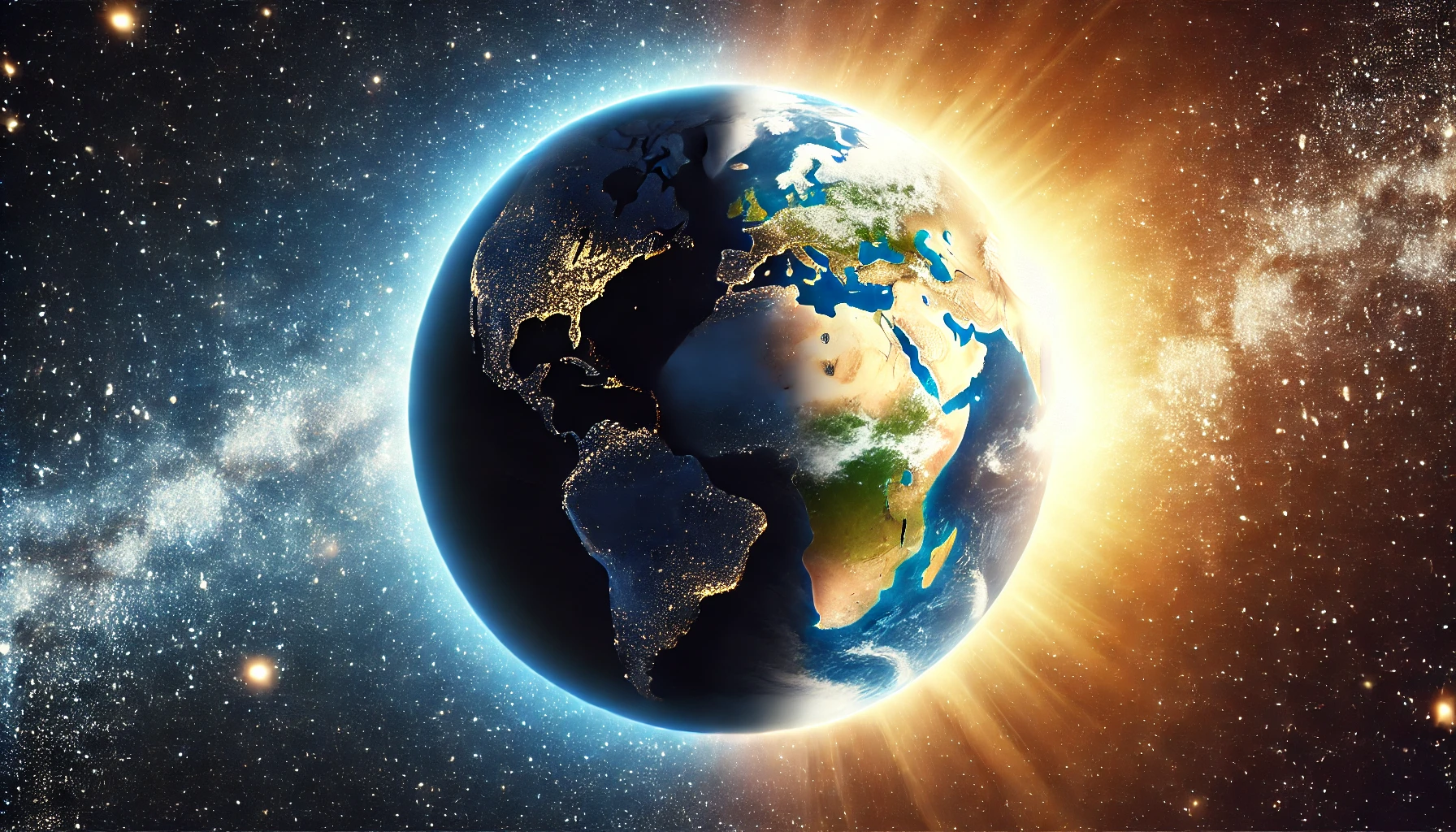 Metade do planeta Terra em blackout, representando os Três Dias de Escuridão, e a outra metade iluminada, simbolizando a regeneração espiritual após a Transição Planetária.