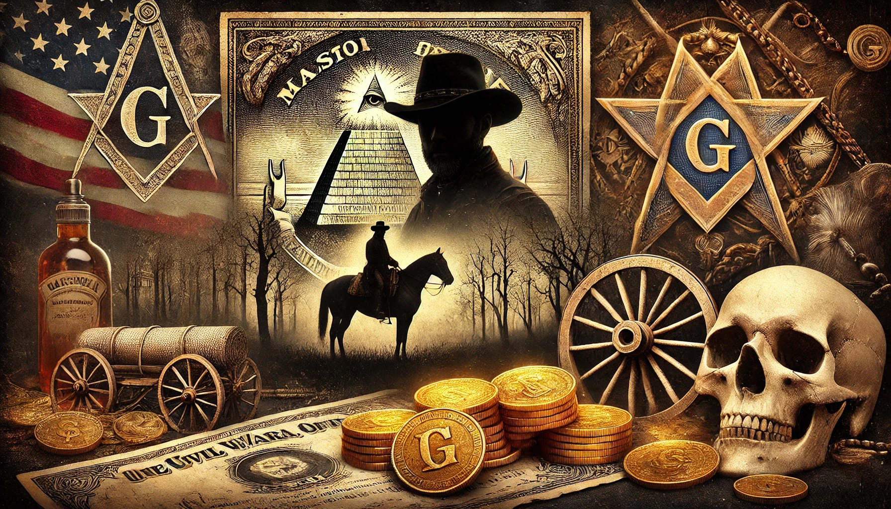 Imagem widescreen mostrando os mistérios dos Cavaleiros do Círculo Dourado, incluindo mapas codificados, tesouros escondidos, símbolos maçônicos e um cenário de floresta sombria, ideal para teorias conspiratórias.