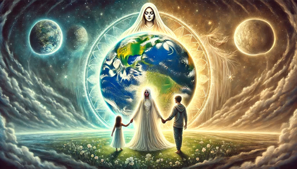 Ilustração espiritual de uma família unida em círculo, cercada por uma aura dourada, com o planeta Terra em transição ao fundo e uma guia espiritual feminina irradiando luz, simbolizando união e evolução durante a transição planetária.