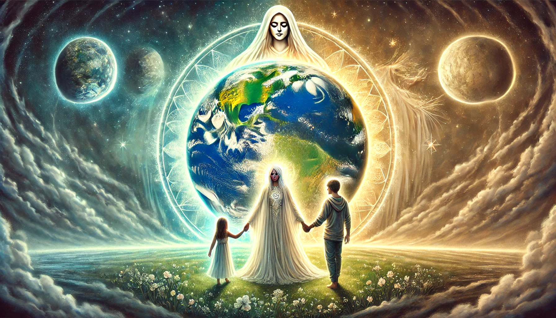 Ilustração espiritual de uma família unida em círculo, cercada por uma aura dourada, com o planeta Terra em transição ao fundo e uma guia espiritual feminina irradiando luz, simbolizando união e evolução durante a transição planetária.