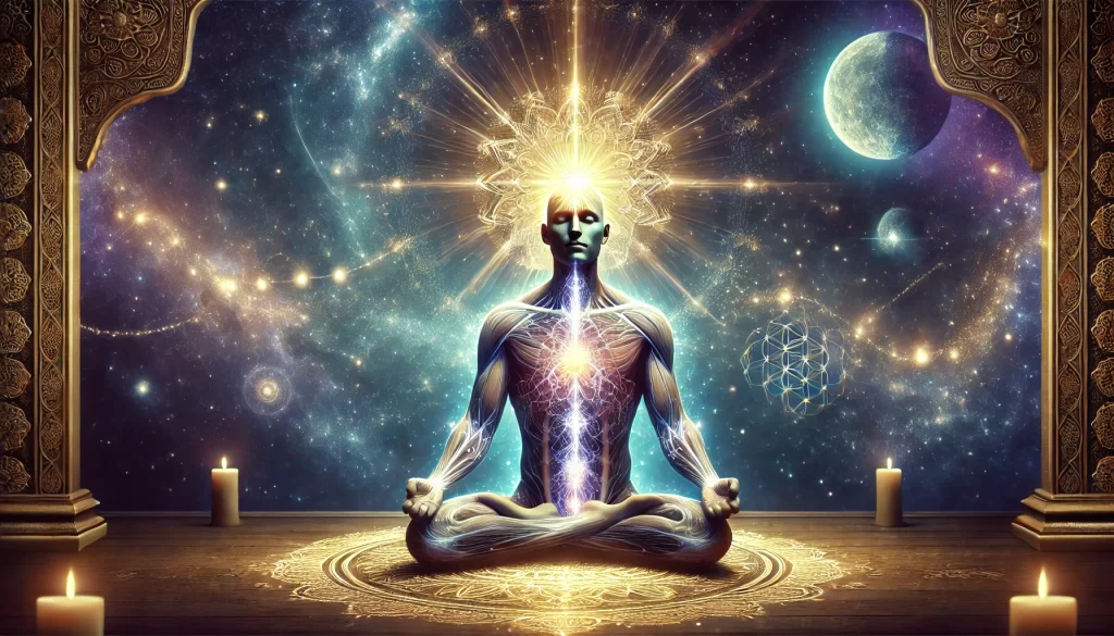 Figura meditativa com luz dourada e prateada emanando da glândula pineal, em um fundo cósmico azul e violeta, destacando a conexão entre ciência e espiritualidade." Se precisar de mais sugestões ou outros ajustes, é só pedir!