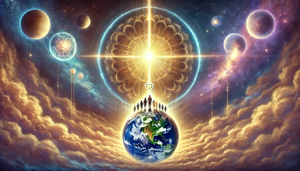 Ilustração espiritual widescreen mostrando uma família unida por um feixe de luz dourada, com um guia espiritual central irradiando luz branca, um planeta Terra iluminado e um céu cósmico ao fundo, representando a transição planetária.