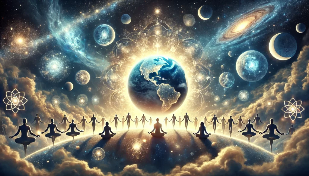 Imagem espiritualista em estilo etéreo e simbólico representando a transição planetária e as previsões para 2025, com elementos visuais de luz, energia e conexão espiritual.