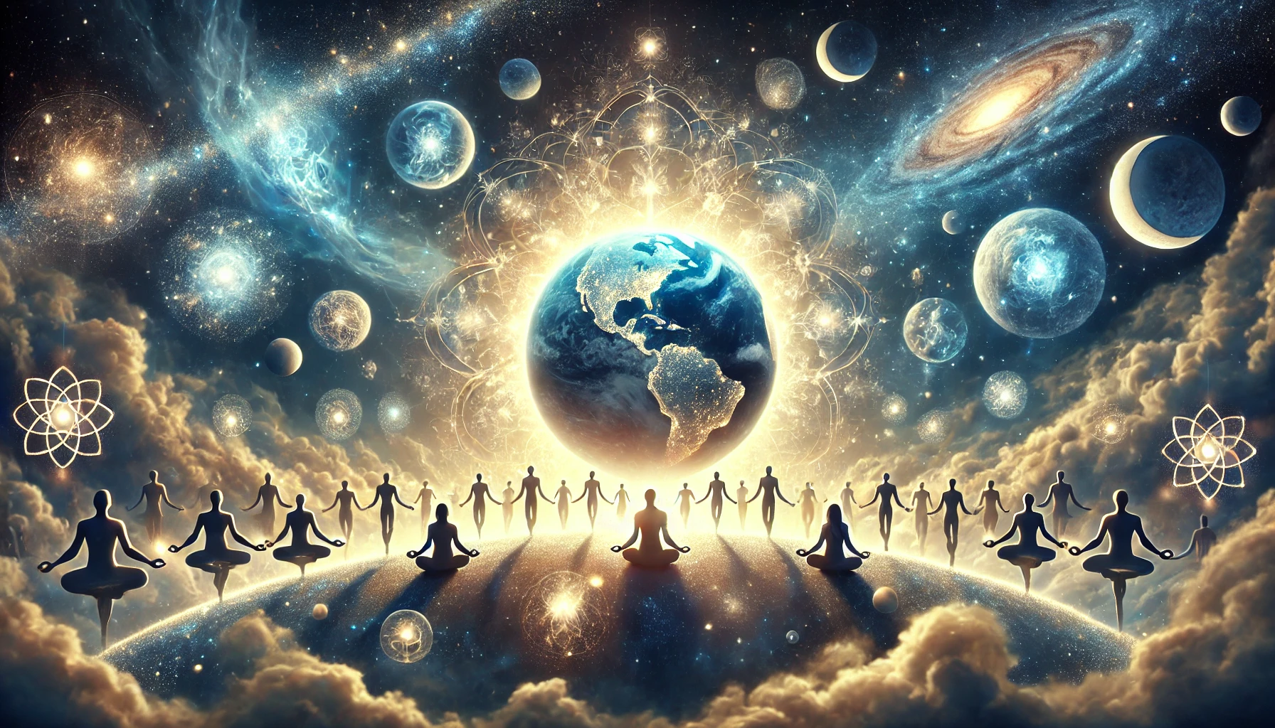 Imagem espiritualista em estilo etéreo e simbólico representando a transição planetária e as previsões para 2025, com elementos visuais de luz, energia e conexão espiritual.