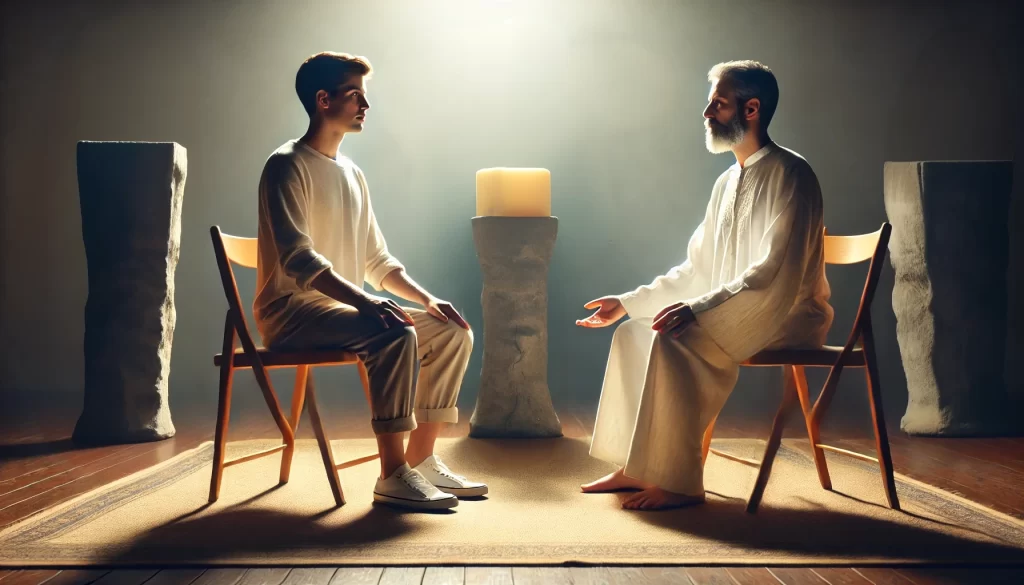 Médium em estado de desdobramento sentado em uma cadeira simples durante uma sessão espiritual, retratando conexão espiritual e introspecção no Espiritismo.