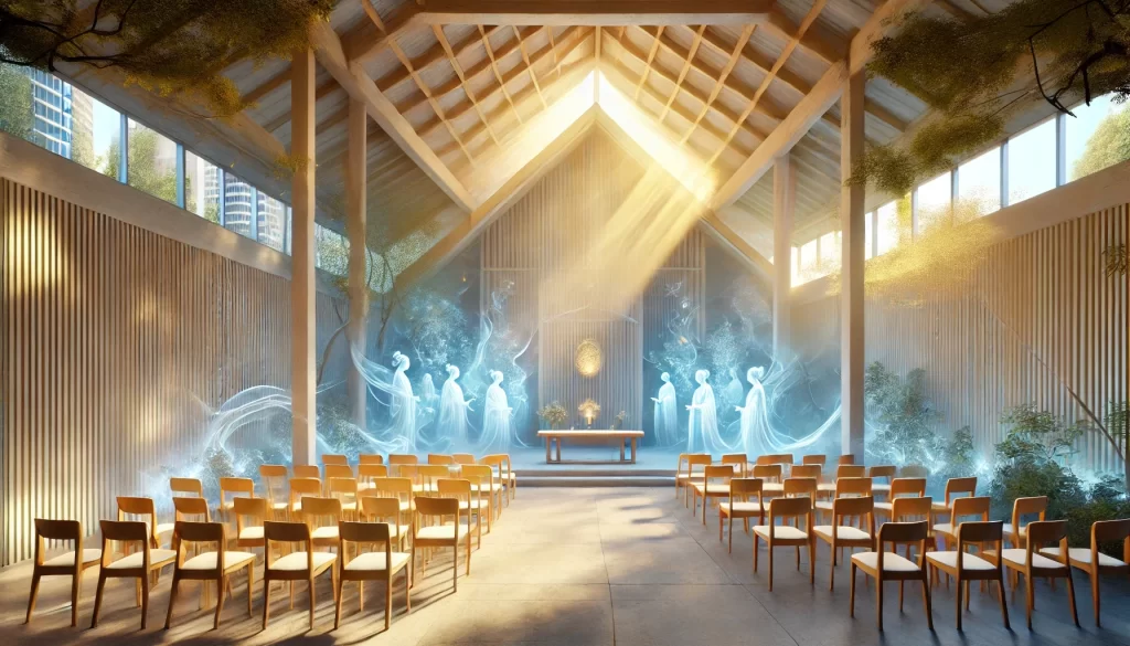 Centro Espírita iluminado por luz espiritual, com espíritos benfeitores irradiando proteção e conexão divina.