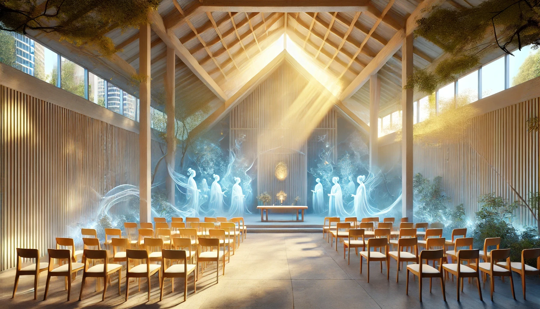 Centro Espírita iluminado por luz espiritual, com espíritos benfeitores irradiando proteção e conexão divina.