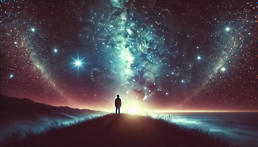 Silhueta de uma pessoa contemplando o céu estrelado, representando o aspecto espiritual e a evolução do espírito