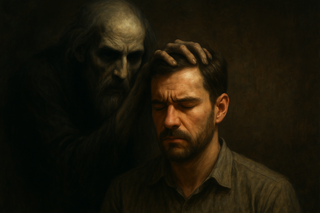 Homem pensativo sendo influenciado por espírito invisível ao fundo, representando a fascinação no espiritismo.