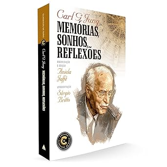 Capa do livro "Memórias, Sonhos, Reflexões" de Carl Gustav Jung, com retrato do autor e fundo simbólico.
