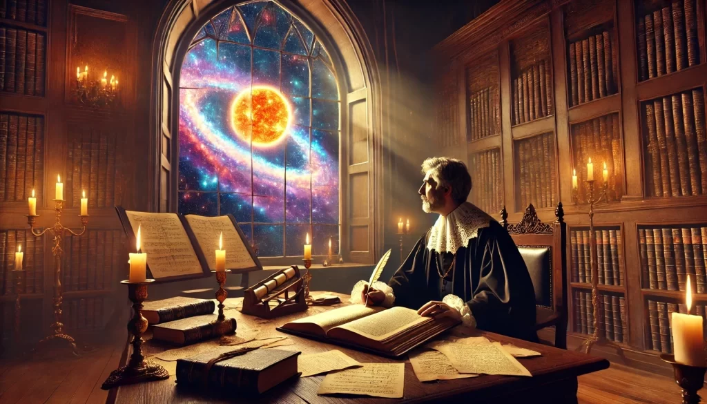 Representação ultrarrealista de James Ussher, em seu estúdio do século XVII, calculando a data de criação do mundo (23/10/4004 a.C.) enquanto a Terra primordial surge no espaço ao fundo.