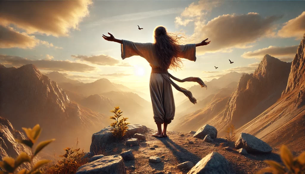 Mulher em posição de entrega ao nascer do sol sobre montanhas, simbolizando liberdade pessoal e expansão da consciência.
