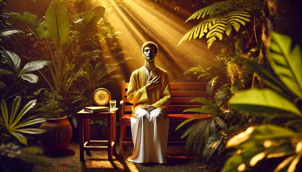 Médium espírita com olhos fechados e mãos sobre o peito em um jardim verde ao entardecer, com aura dourada ao redor.