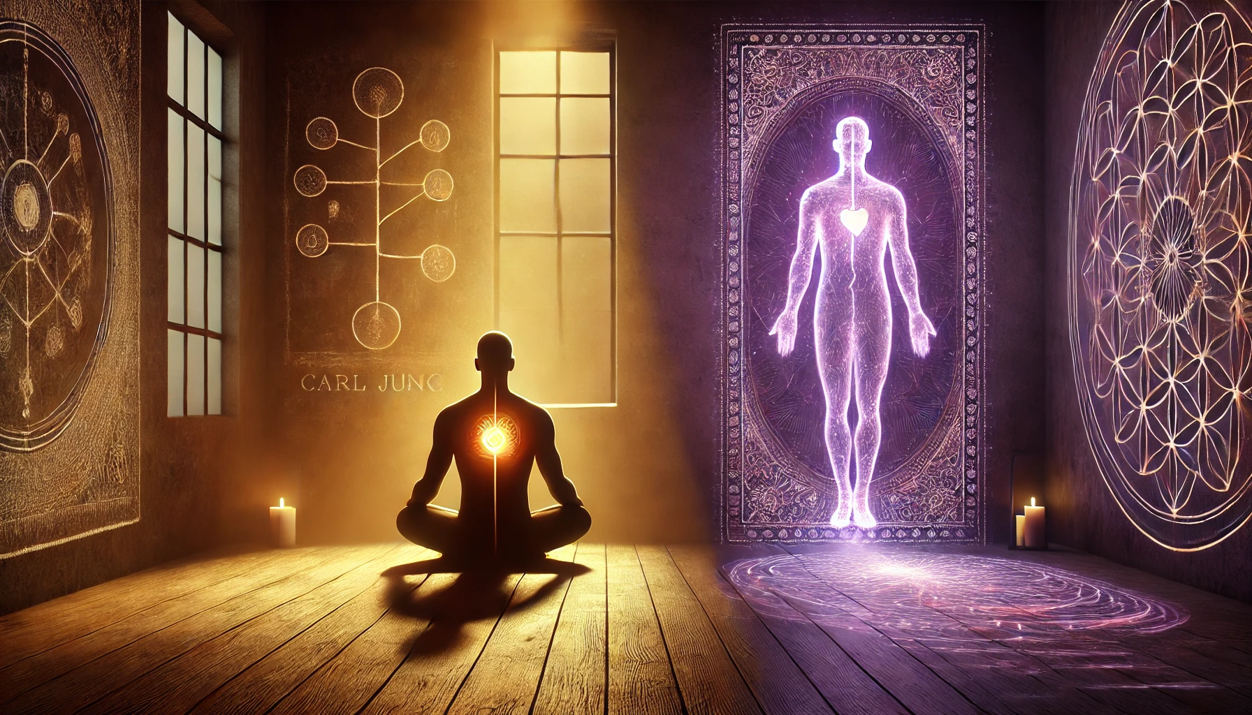 Pessoa meditando em ambiente com luz e sombra, simbolizando o processo de reforma íntima e evolução espiritual.