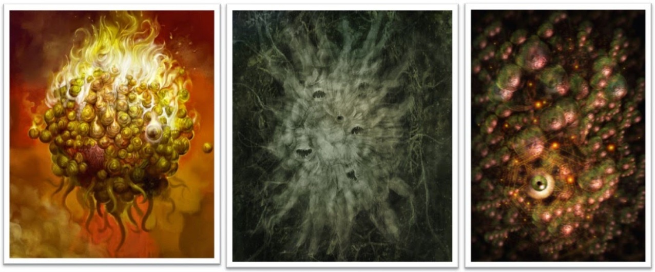 Montagem ilustrando Cthugha em chamas, Azathoth em forma amorfa e Yog-Sothoth como aglomerado de esferas luminosas, representando o panteão lovecraftiano.