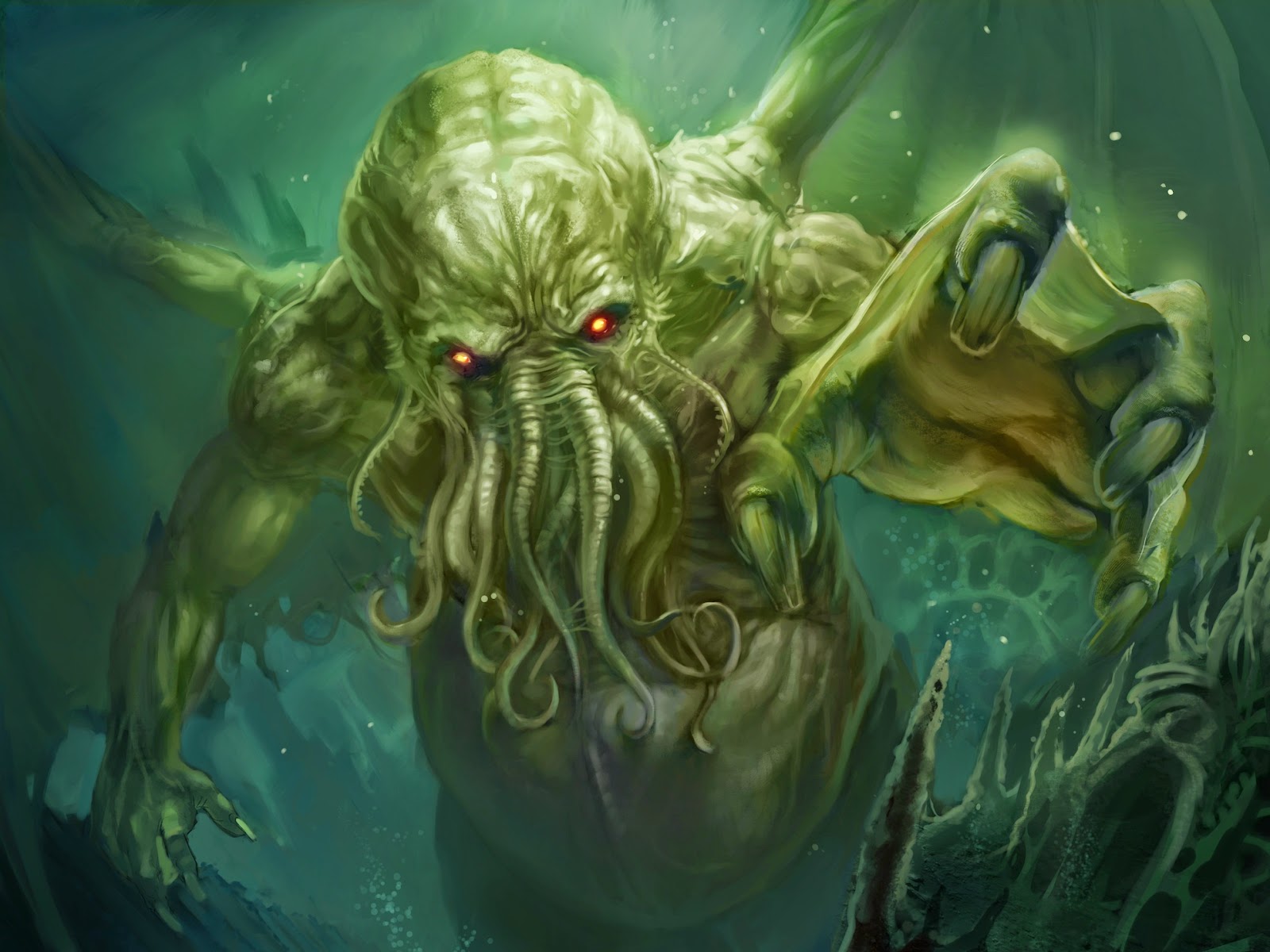Cthulhu emergindo do oceano, com tentáculos e olhos vermelhos, em uma cena de horror cósmico.