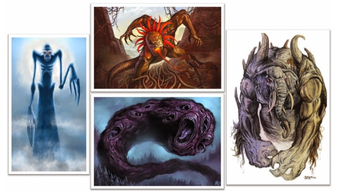 Montagem mostrando Itaqua, Yig, Shub-Niggurath e Chaugnar Faugn, criaturas monstruosas e ancestrais da mitologia de H. P. Lovecraft.