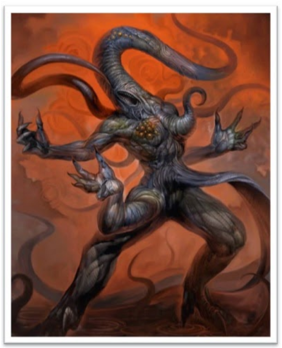 Representação de Nyarlathotep com corpo distorcido, vários tentáculos e aparência monstruosa, símbolo do Caos Rastejante na mitologia lovecraftiana.